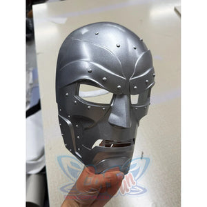 Doctor Doom cosplay mask centers metallic silver-tone full face cosplay mask with rivet details.