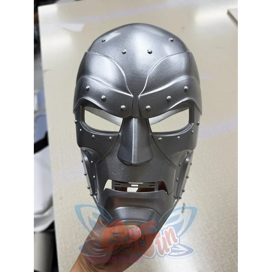 Doctor Doom cosplay mask centers silver-tone metallic cosplay face mask with rivet details.