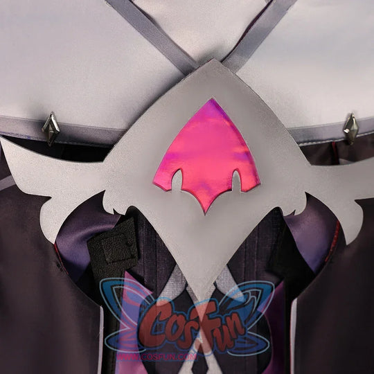 Back accessory detail of Genshin Impact Durin cosplay costume with white wing panel, pink emblem, black straps, and spikes
