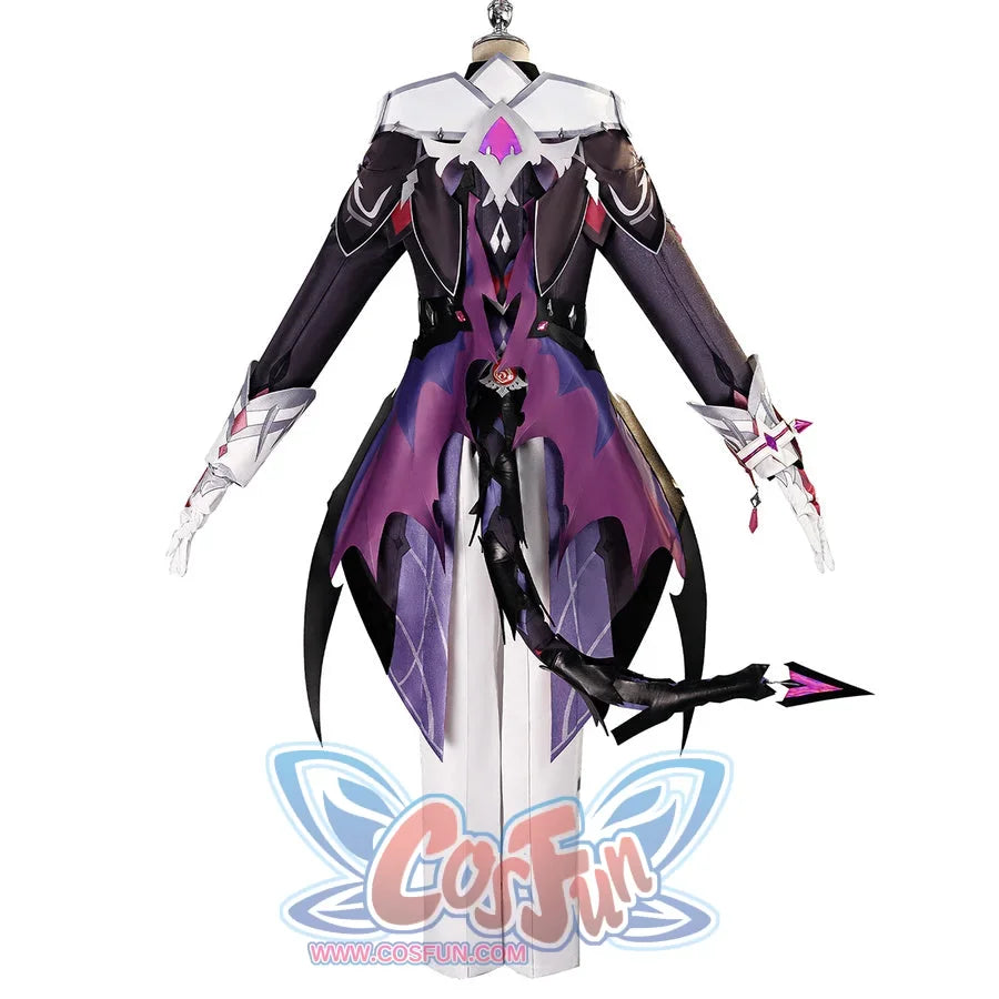 Back view of Genshin Impact Durin cosplay costume with layered black coat, purple back panels, white pants, and tail