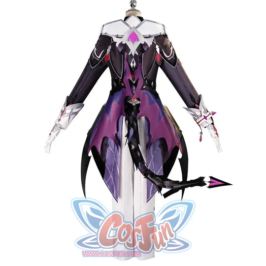 Back view of Genshin Impact Durin cosplay costume with layered black coat, purple back panels, white pants, and tail