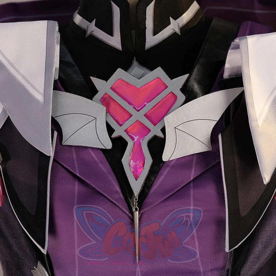 Chest detail of Genshin Impact Durin cosplay costume with pink emblem, white belt straps, black vest, and purple fabric