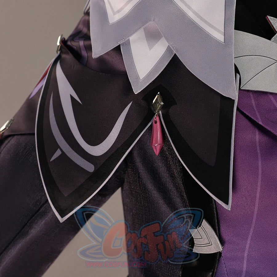 Close-up of Genshin Impact Durin cosplay costume front collar with layered white lapel, black neckline, and pink charm