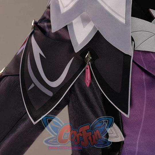 Close-up of Genshin Impact Durin cosplay costume front collar with layered white lapel, black neckline, and pink charm