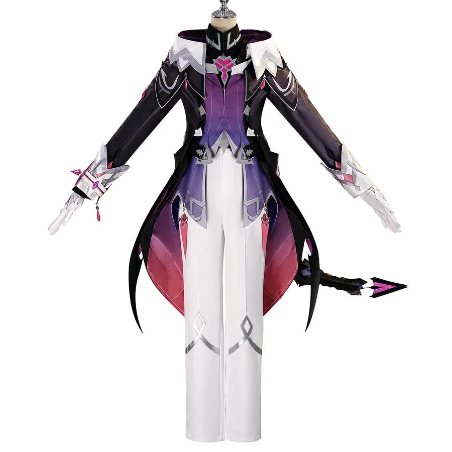 Front view of Genshin Impact Durin cosplay costume with black coat, white panels, purple vest, gloves, and tail