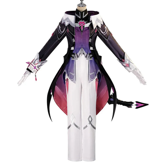 Front view of Genshin Impact Durin cosplay costume with black coat, white panels, purple vest, gloves, and tail