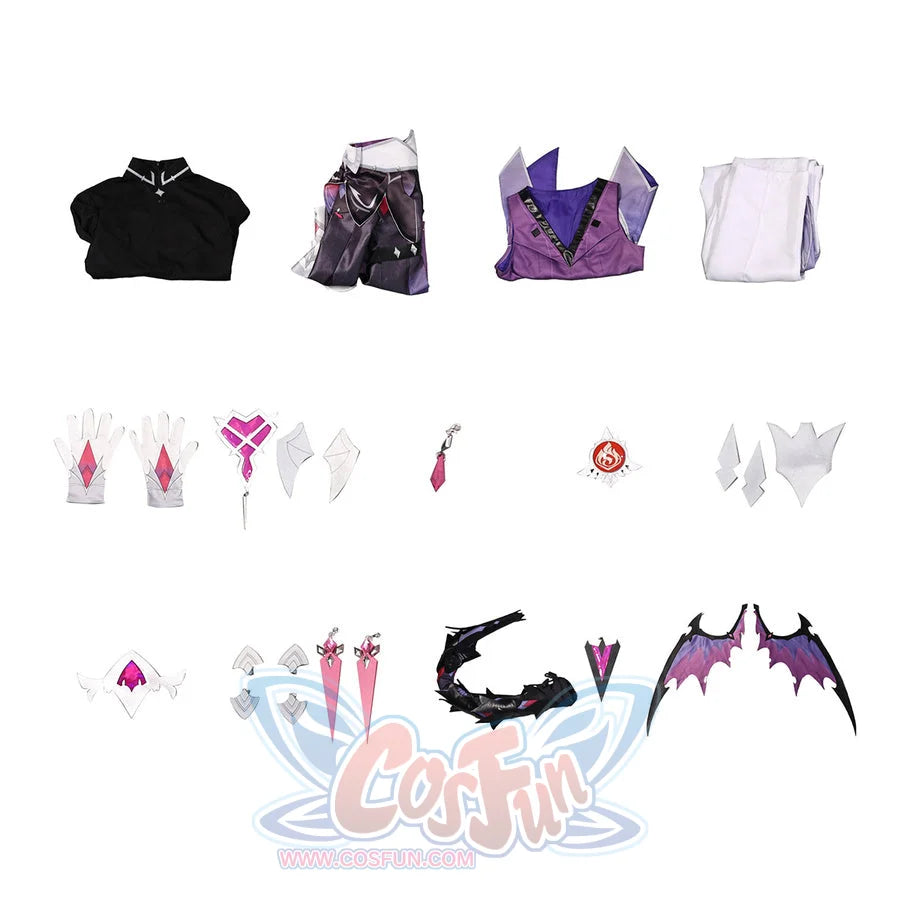 Flat lay of Genshin Impact Durin cosplay costume pieces with coat, vest, pants, gloves, accessories, tail, and wings