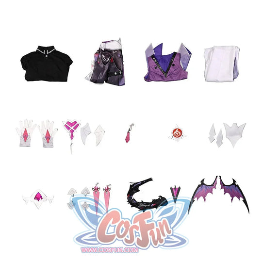 Flat lay of Genshin Impact Durin cosplay costume pieces with coat, vest, pants, gloves, accessories, tail, and wings