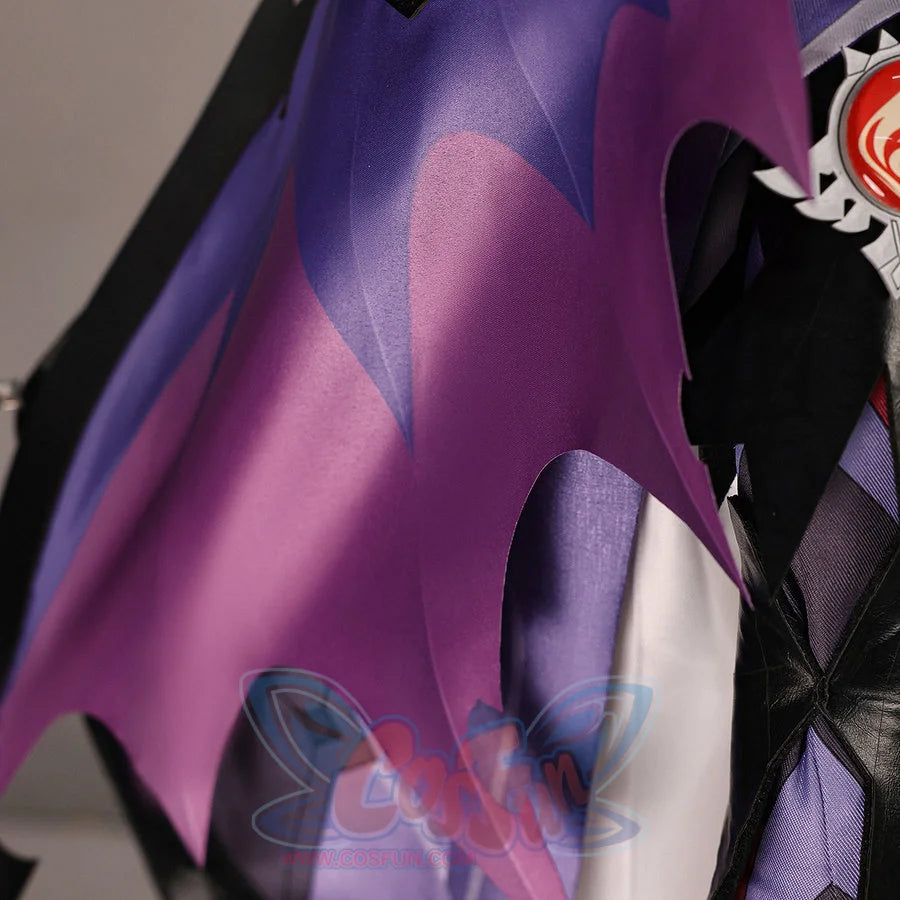 Close-up of Genshin Impact Durin cosplay costume purple wing decoration with gradient fabric, black edge, and pink lining