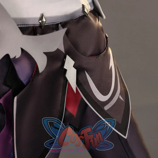 Shoulder detail of Genshin Impact Durin cosplay costume with black coat, white collar, red lining, and small silver charm
