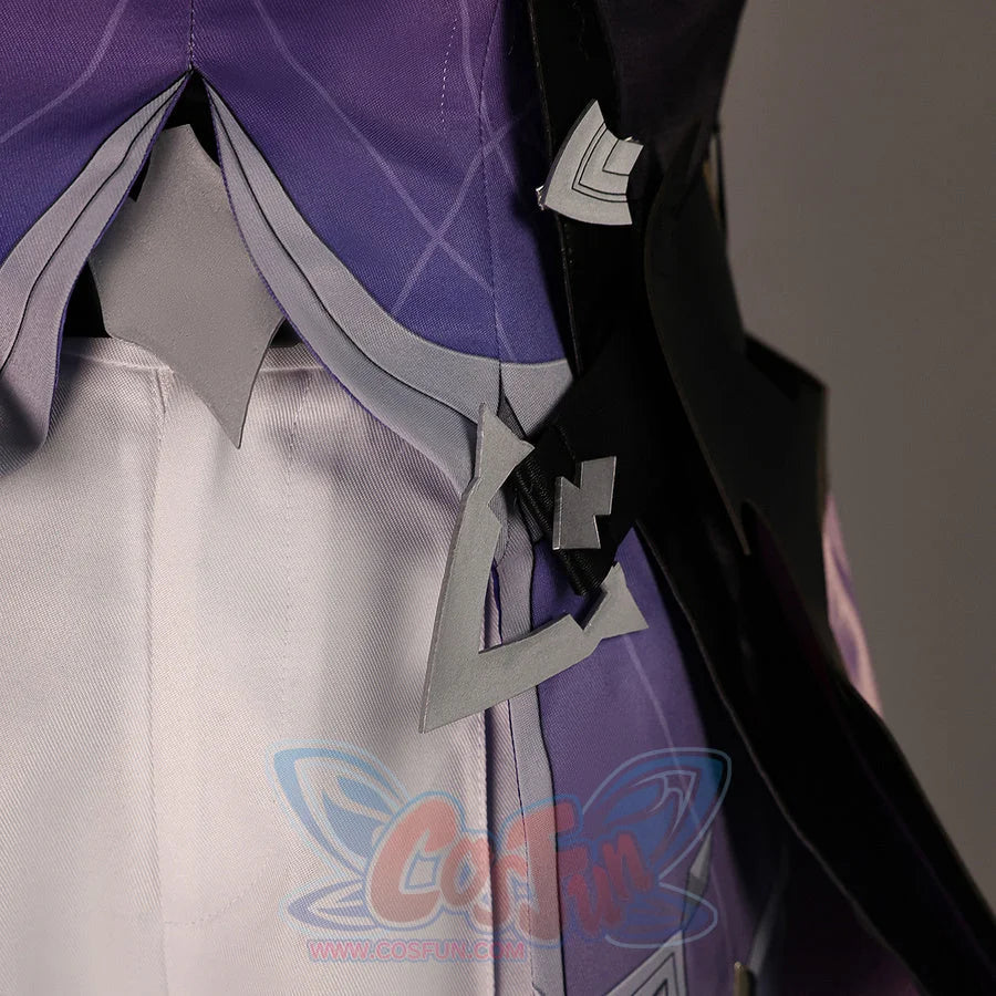 Side detail of Genshin Impact Durin cosplay costume with purple coat panel, white pants, black side trim, and small charm