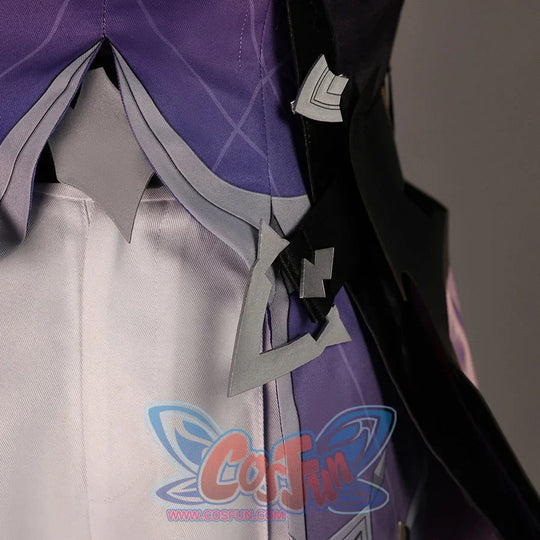 Side detail of Genshin Impact Durin cosplay costume with purple coat panel, white pants, black side trim, and small charm