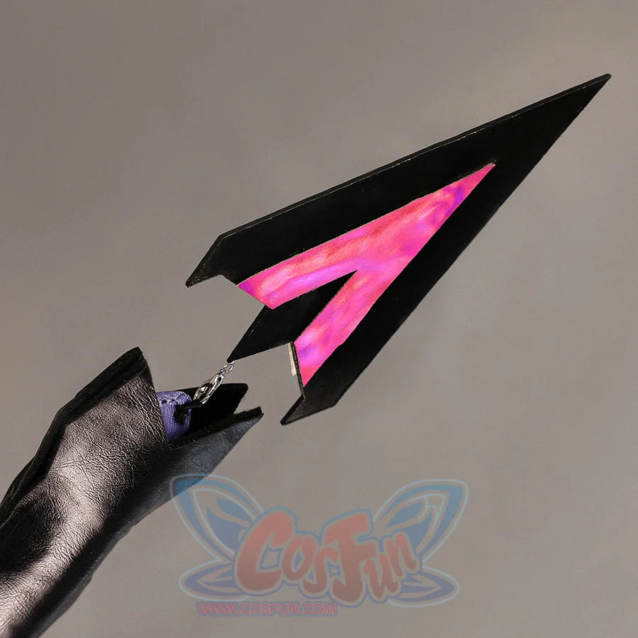 Close-up of Genshin Impact Durin cosplay costume black tail decoration with sharp triangle shape, pink inset, and silver tip