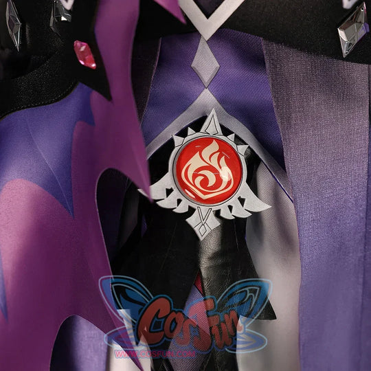 Waist charm detail of Genshin Impact Durin cosplay costume with red emblem, black strap, purple fabric, and white panel