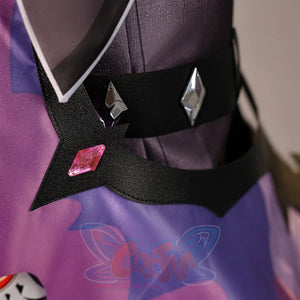 Waist detail of Genshin Impact Durin cosplay costume with black belt, silver diamond trim, red gems, and purple fabric