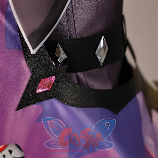 Waist detail of Genshin Impact Durin cosplay costume with black belt, silver diamond trim, red gems, and purple fabric