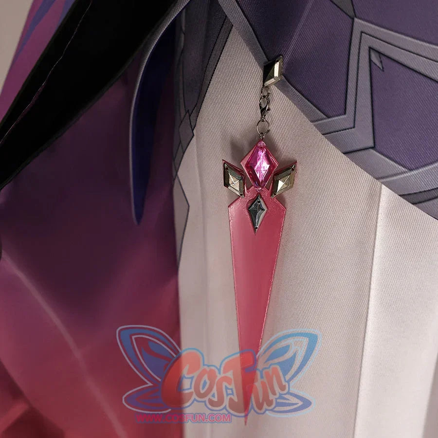 Front waist detail of Genshin Impact Durin cosplay costume with pink tail panel, black sash, silver charm, and purple coat