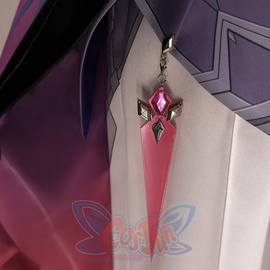 Front waist detail of Genshin Impact Durin cosplay costume with pink tail panel, black sash, silver charm, and purple coat