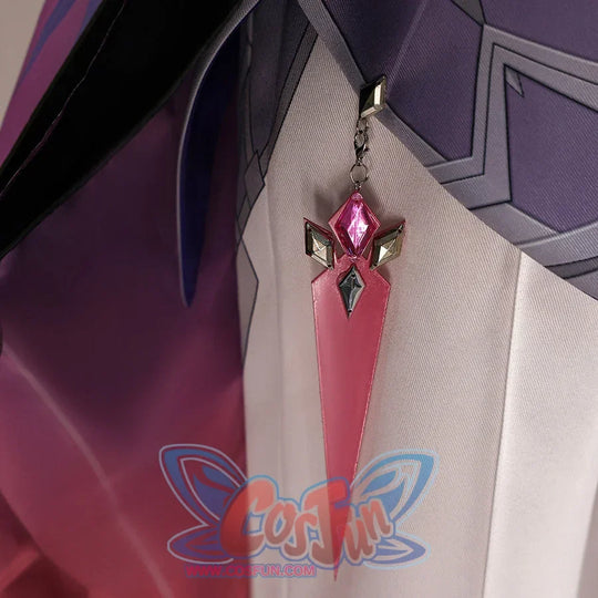 Front waist detail of Genshin Impact Durin cosplay costume with pink tail panel, black sash, silver charm, and purple coat
