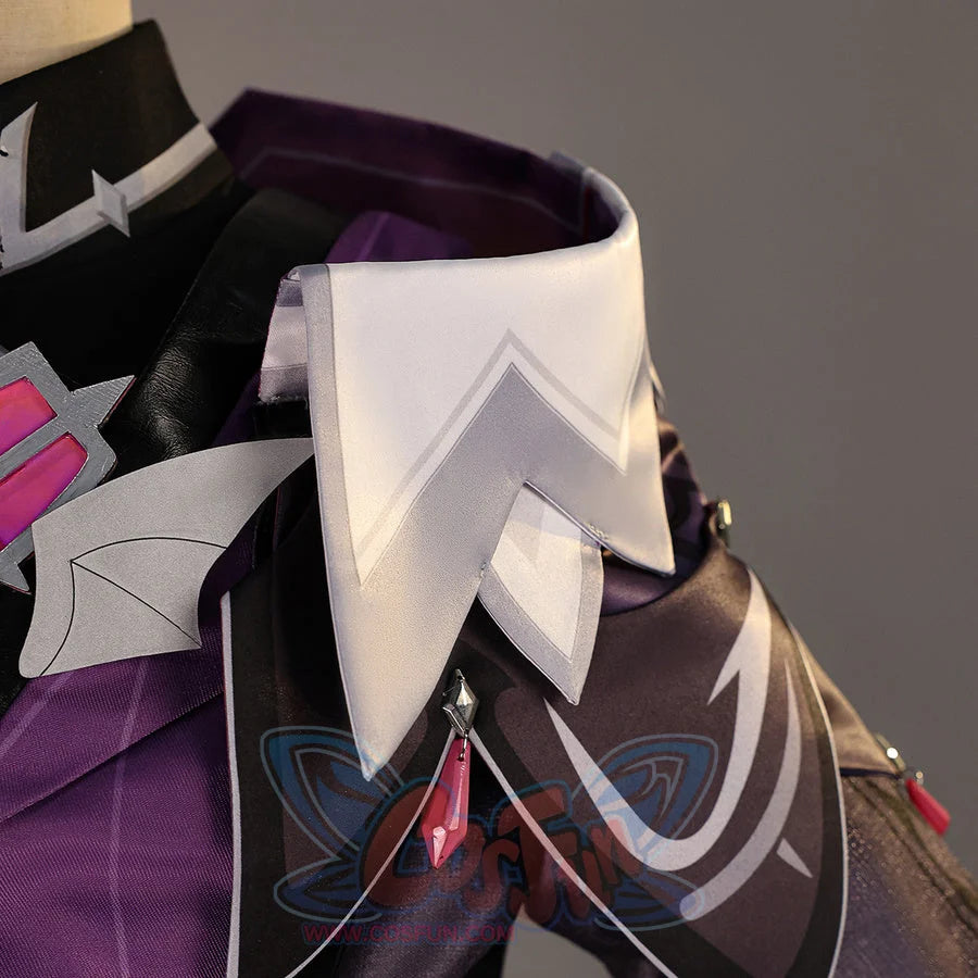 Close-up of Genshin Impact Durin cosplay costume white collar with black coat edge, purple lining, and pink accent