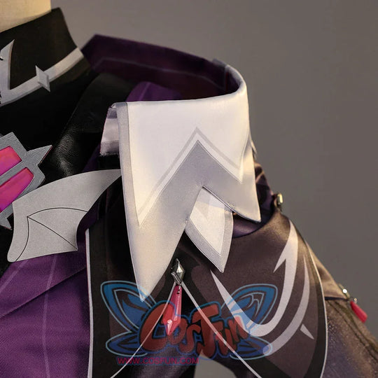 Close-up of Genshin Impact Durin cosplay costume white collar with black coat edge, purple lining, and pink accent