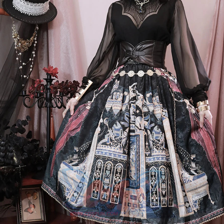 Egypt Style Simple Daily Lolita Printed Long Skirt Black / XS