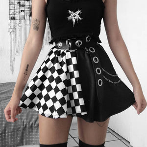 Punk High Waist Color Blocking Black and White Plaid Skirt