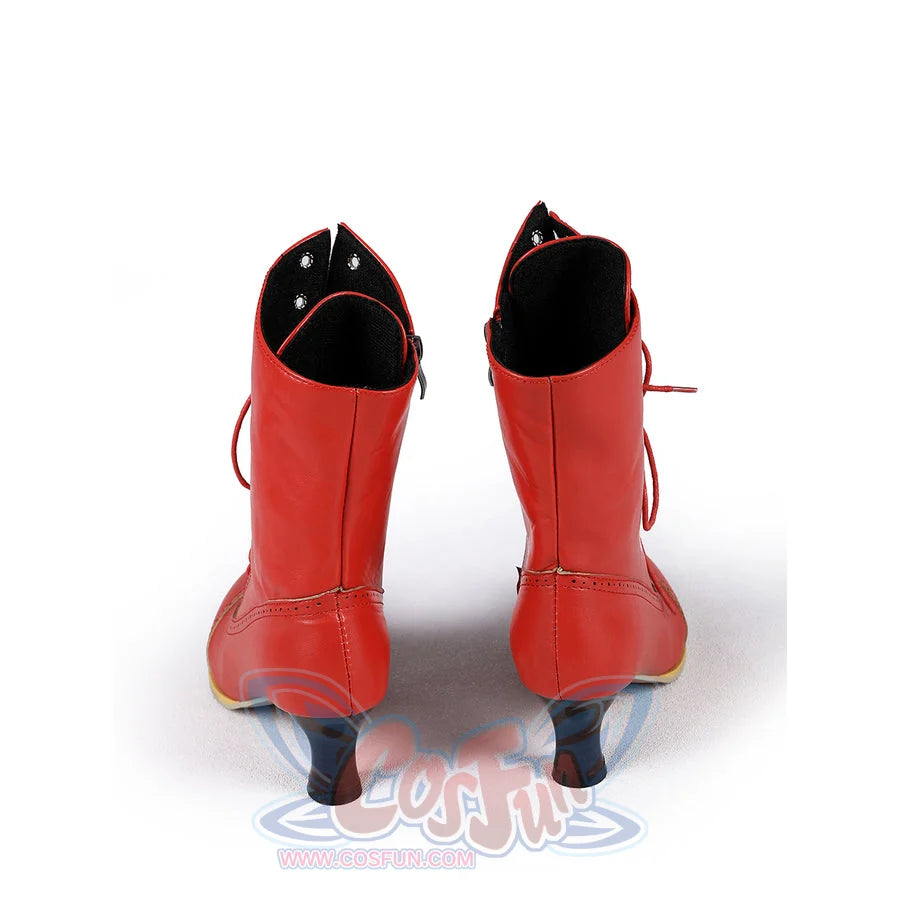The Bride Ida Bolinski cosplay boots rear view layers red lacing over black interior lining at the heel.