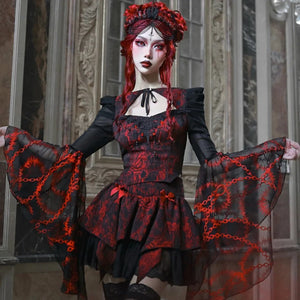 Autumn Gothic Red Black Jacquard Embroidery Lace Top