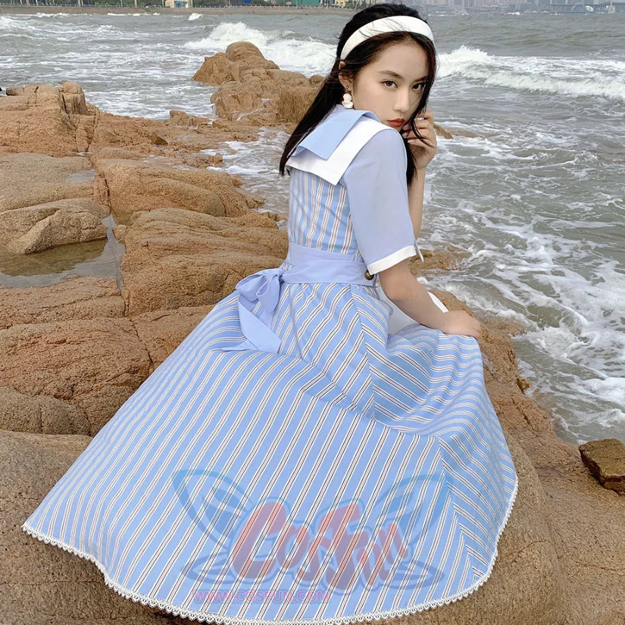 Summer Color Blocking Stripe Short-sleeved Dress - cosfun