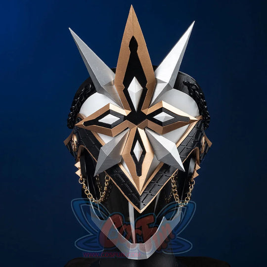 Genshin Impact Il Capitano cosplay helmet centers layered white and black plating trimmed with gold and star motifs.