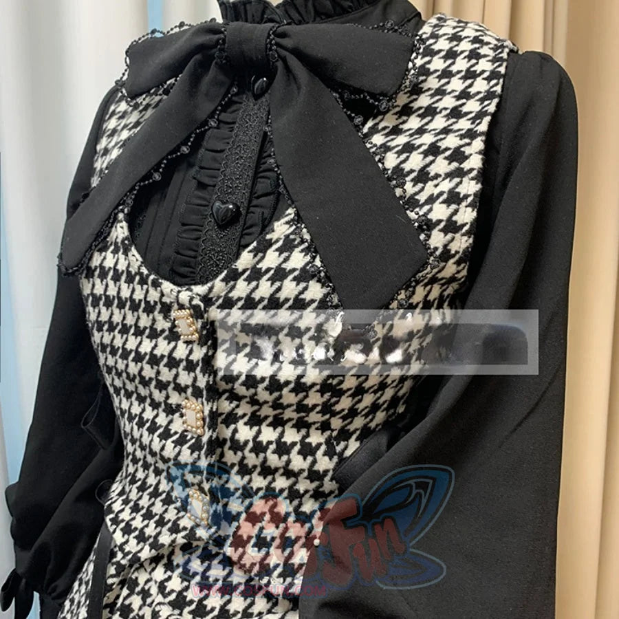 Daily Elegant Winter Lolita Woolen Houndstooth Skirt Sets Houndstooth / S / Vest