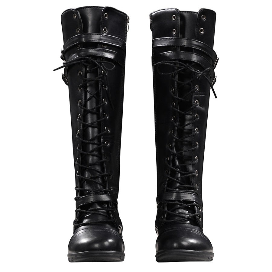 COSFUN Elektra cosplay boots frame a tall lace up design with secure faux leather straps and a durable rubber sole unit.