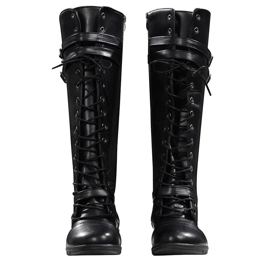 COSFUN Elektra cosplay boots frame a tall lace up design with secure faux leather straps and a durable rubber sole unit.