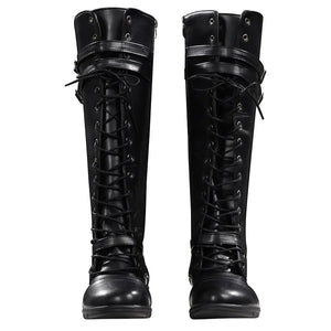 COSFUN Elektra cosplay boots frame a tall lace up design with secure faux leather straps and a durable rubber sole unit.