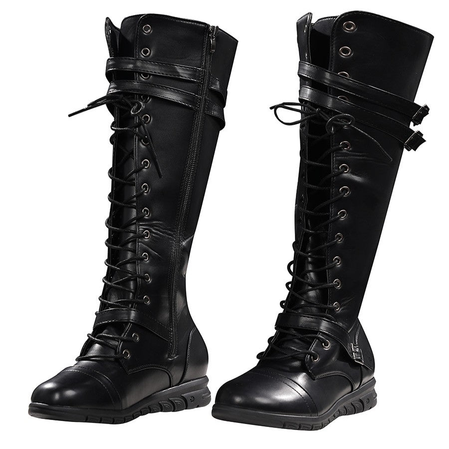 Elektra cosplay boots wrap around the legs with functional laces and buckled faux leather straps for a secure custom fit.