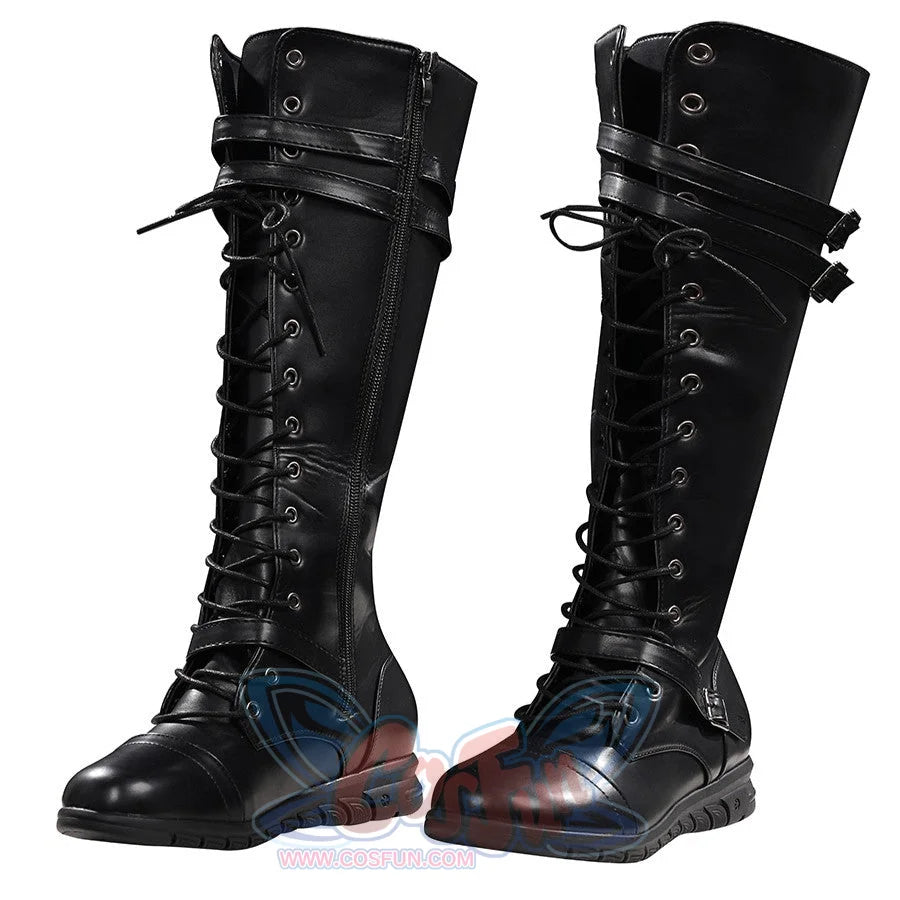 Elektra cosplay boots wrap around the legs with functional laces and buckled faux leather straps for a secure custom fit.