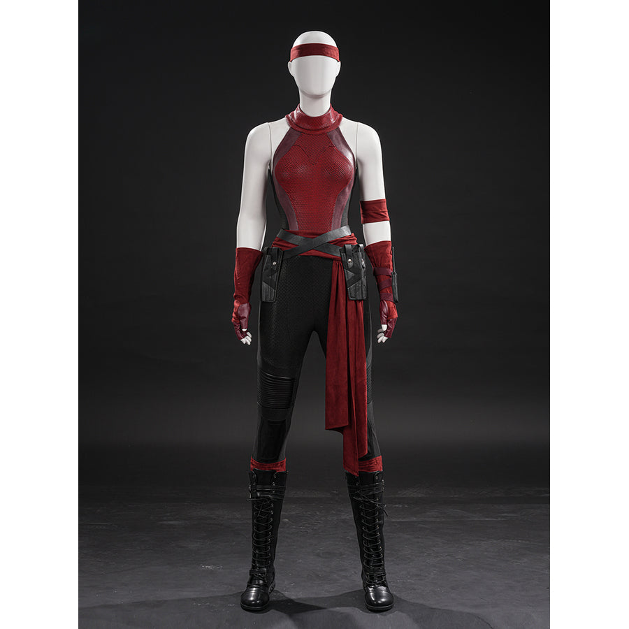 COSFUN Elektra cosplay costume sets the red printed bodysuit with faux leather belts and long flowing fabric waist sash.