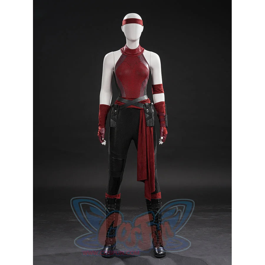 COSFUN Elektra cosplay costume sets the red printed bodysuit with faux leather belts and long flowing fabric waist sash.