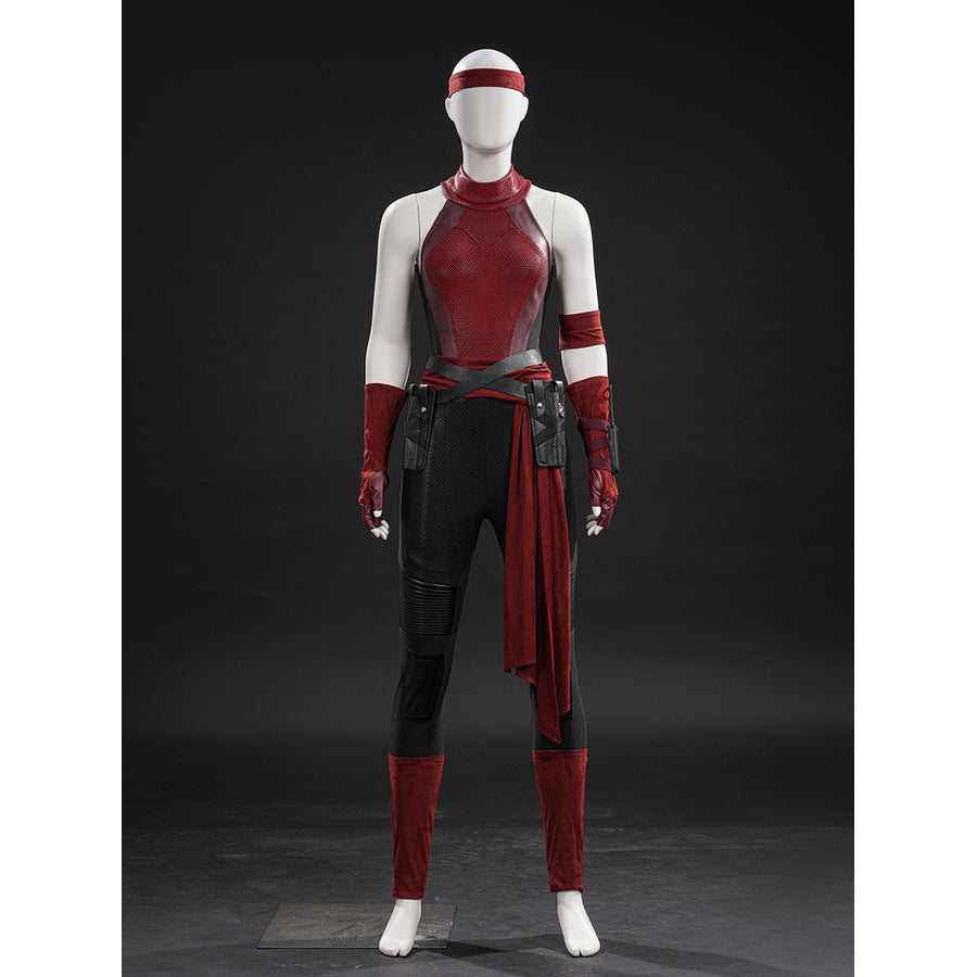 Elektra cosplay costume gathers the red textured bodysuit with faux leather belts arm sheath strap and matching leg guards.