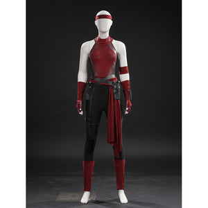 Elektra cosplay costume gathers the red textured bodysuit with faux leather belts arm sheath strap and matching leg guards.