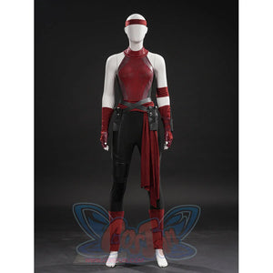 Elektra cosplay costume gathers the red textured bodysuit with faux leather belts arm sheath strap and matching leg guards.
