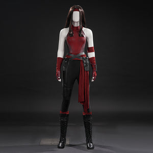 COSFUN Elektra cosplay costume sets the red printed bodysuit with faux leather belts and long flowing fabric waist sash.