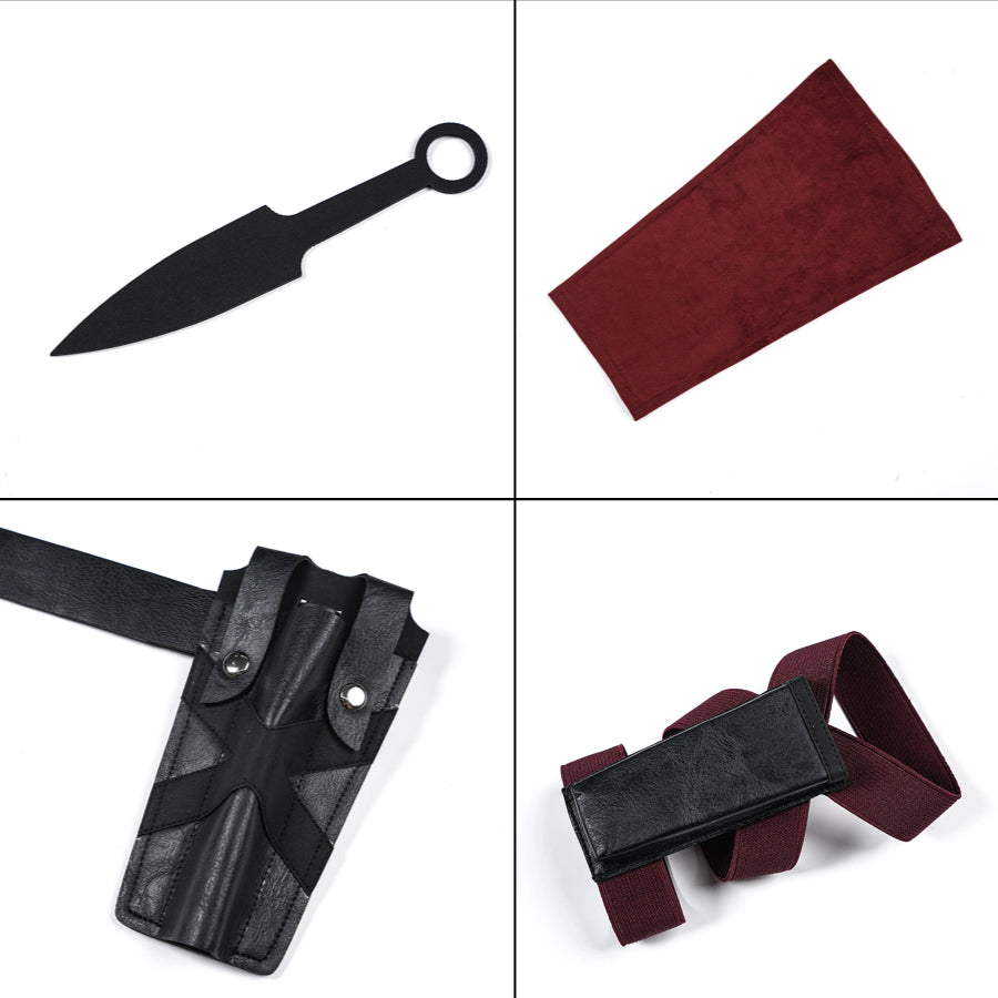 Elektra cosplay costume traces the essential details of the red suede fabric piece alongside black faux leather components.