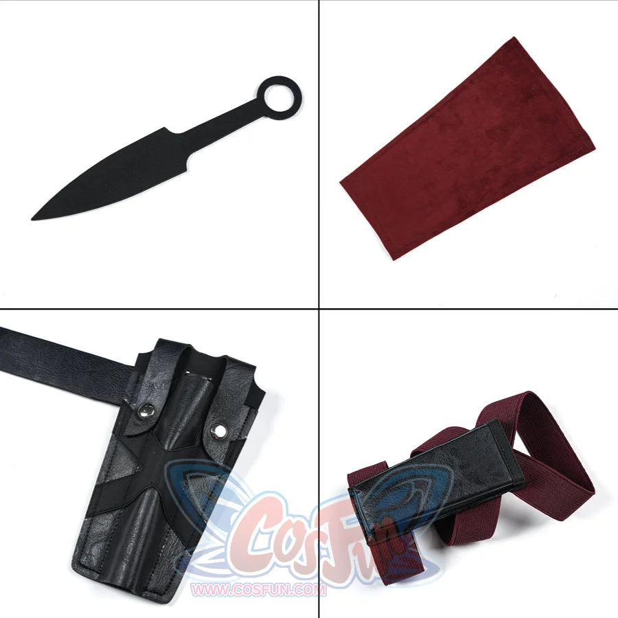 Elektra cosplay costume traces the essential details of the red suede fabric piece alongside black faux leather components.