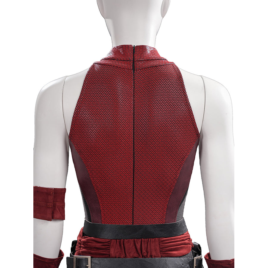 Elektra cosplay costume centers the back zipper of the textured red bodysuit with a fabric armband and waist belt.