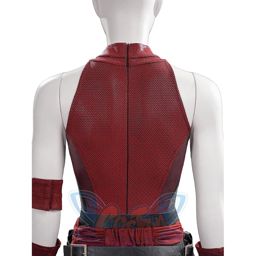 Elektra cosplay costume centers the back zipper of the textured red bodysuit with a fabric armband and waist belt.