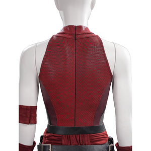 Elektra cosplay costume centers the back zipper of the textured red bodysuit with a fabric armband and waist belt.