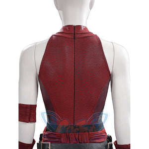 Elektra cosplay costume centers the back zipper of the textured red bodysuit with a fabric armband and waist belt.