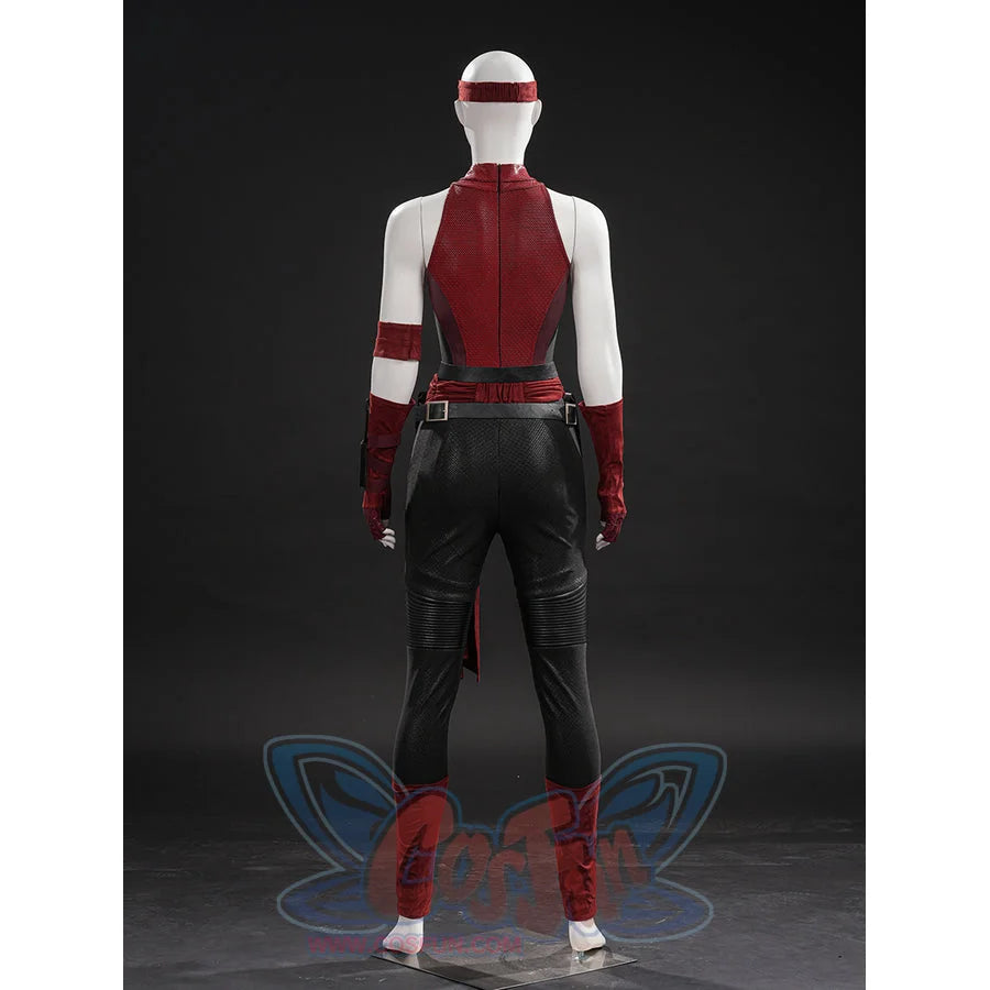 Elektra cosplay costume traces the back of the textured bodysuit with red panels and black faux leather leg guards.